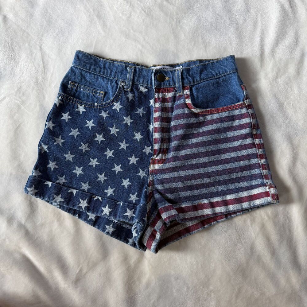 Y2K American Apparel USA Flag High Waisted Denim Shorts 27 festival indie sleeze